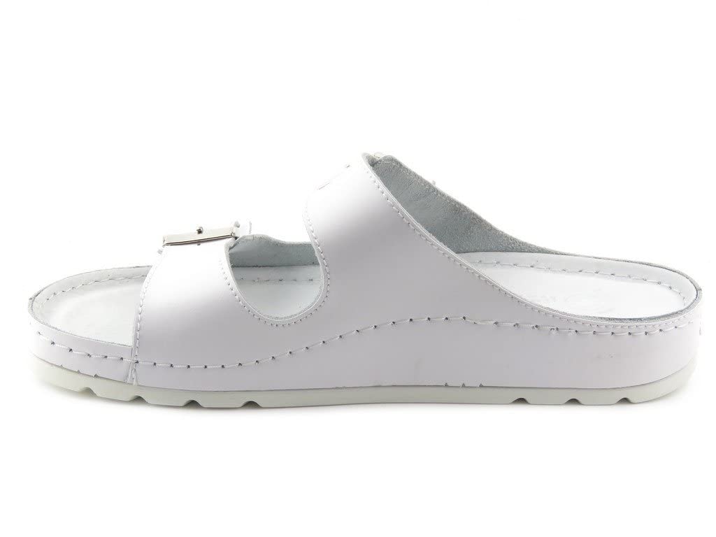 Zapatillas Sanitarias Médicas Para Mujer Hechas De Cuero De Grano Natural Suela Plana Esponja Suave Correas Ajustables Amortiguador Blanco Talla 40