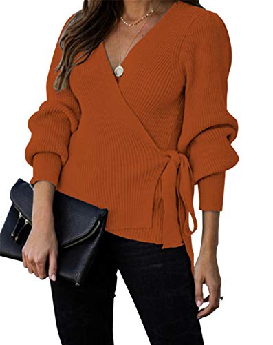 KIRUNDO Women’s 2022 Autumn Winter Wrap V Neck Sweater Top Balloon Sleeves Ribbed Knitted Pullover Tie Front Tunic Top Jumper (Large, Light Red)