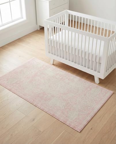 Rugs.com - Dover Rug – 3' 1 x 5' 3 Pink Easy-Clean Rug – Vintage Medallion for Entryways, Kitchens, and Bathrooms