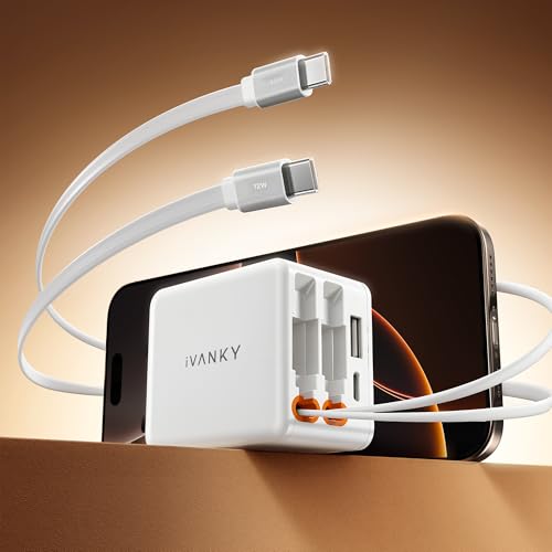 iVANKY Smallest 4-in-1 Retractable GaN Wall Charger for iPhone 17 Air, 45W USB C Charger Block with Dual USB C Cables, Fast Charging Samsung, 4-Port Adapter for 16/15/14 Pro Max, MacBook Neo