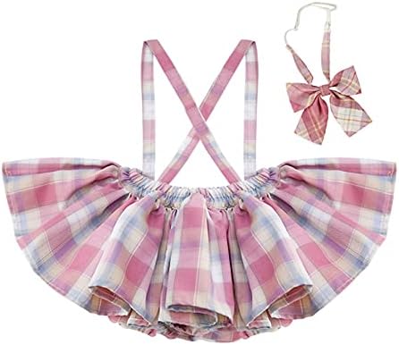 Yartina Baby Toddler Girls Plaid Pleated Suspender Mini Skirt + Bowknot Bow Tie Japan School Uniform Cosplay Costume Pink 9-12 Months