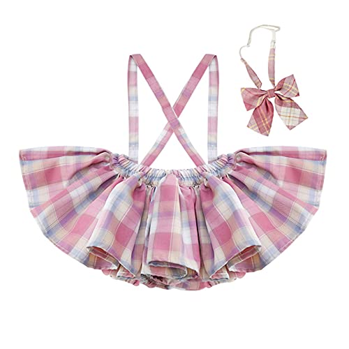 Yartina Baby Toddler Girls Plaid Pleated Suspender Mini Skirt + Bowknot Bow Tie Japan School Uniform Cosplay Costume Pink 9-12 Months #TOP1