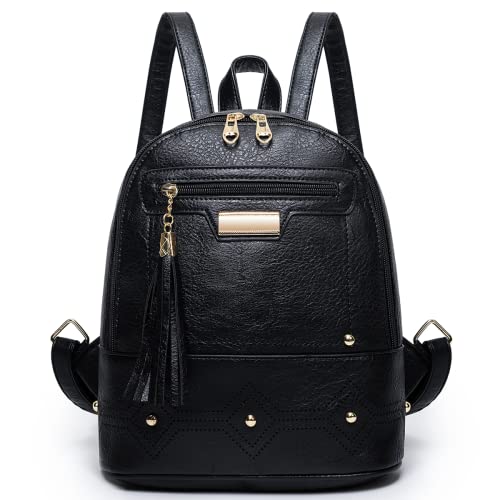 Petit Sac à Dos en PU Cuir Feminin Fille, Anti-vol Mini Sac porté Dos avec Chic Franges, Élégante Sac à Bandoulière Sac d'école à la Mode, Loisir Sac pour Travail L'école et Voyage (Noir) Cover