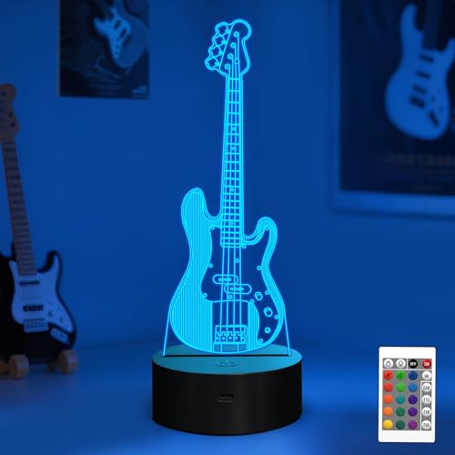 YuanDian Guitar Night Light, Electric Bass Guitar 3D LED Illusion Lamp, 16 Colors USB Powered & Battery Powered Touch Control with Remote, Creative Gifts for Teen Bass Player Music Lovers