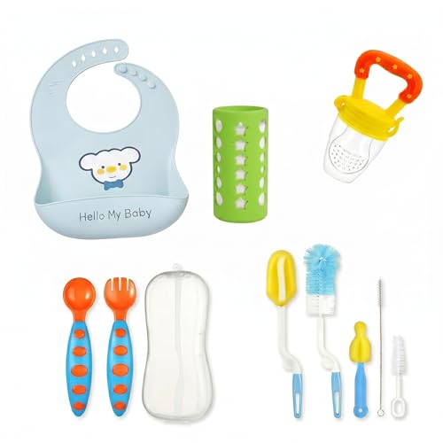 Image of Safe-O-Kid Baby Feeding Essentials Kit | 1 Silicone Bib, 1 Fruit Feeder, 1 Spoon & Fork Set with Storage Case, 1 Bottle Cleaning Brush Set & 1 Silicone Bottle Cover | BPA-Free Feeding | Assorted