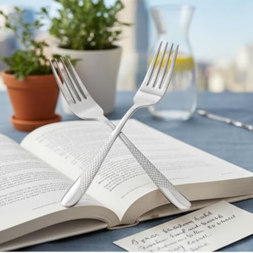 Image of Sterling Silver French Style Silverware | 5-Piece Hammered Dinner Fork Set | Premium 18 /10 Stainless Steel Flatware | Durable & Elegant Cutlery for Home, Restaurants & Gifting