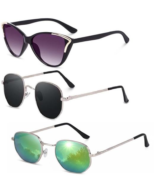 Y&S Unisex Goggle Combo| Combo Offer Pack of Branded Latest Stylish| Black Cateye Black Pathan Green Hexagonal for Men and Women with Box|3-1272