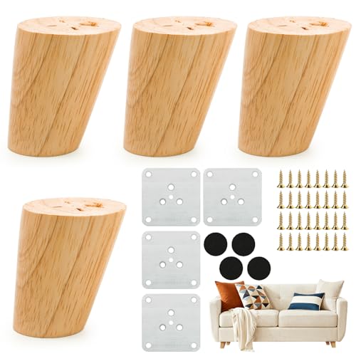 Aerzouser 4er Set Möbelbeine Holz aus Eiche Stabile Möbelfüße Holz für Sofa Bett und Schrank Montageplatten & Schrauben (Schräg 6 cm)