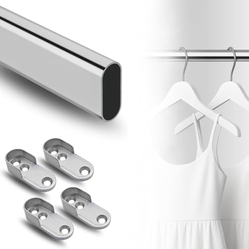 Evotrade Tube Tringle Barre de Penderie pour Armoire Garde-robe, Chromé 15x30mm x Longueur 2 Mètres + 4 Supports Latéraux