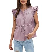 EXLURA Womens Button Down Blouses Casual Ruffle Cap Sleeve Peplum Summer Tops Crewneck Drawstring...