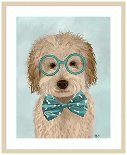 Amanti Art Framed Wall Art Print 33x27 Labradoodle Cream with Glasses and Bow Tie by Fab Funky, Animals Wall Art, Whimsical Decor, Large Poster Painting Artwork for Living Room, Bedroom, Bathroom,
