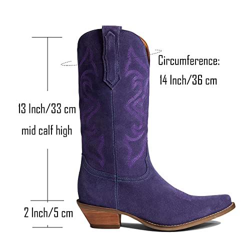 Image of LEHOOR Cowboy Boots Women Embroidered Mid Calf Western Boots Stacked Low Heel Pointed Toe Pull On Cowgirl Boot 4-11 M US