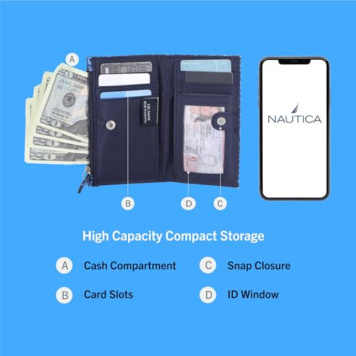 Image of Nautica High Tide Small Wallet for Women, RFID Blocking Slim Credit Card Holder with Zipper Coin Pocket, Bifold Compact Wallet with ID Window, Americana Logo