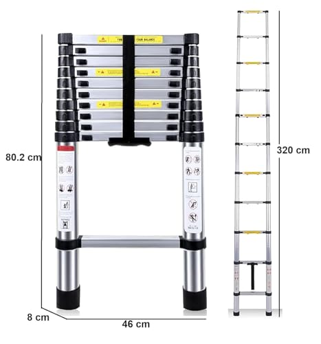 Image of BonKaso VertiPro 3.2M(10.5Ft) Telescopic Ladder | Aluminum Ladder 11 Steps | Multipurpose for Home & Outdoor use with Self Lock Mechanism | EN131 Certified | Max Load Capacity of 150kg