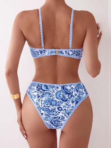 Image of Fanuerg Women's Triangle Bikini Sets O Ring Linked Two Piece Swimsuits Floral Printed Cheeky Bathing Suit
