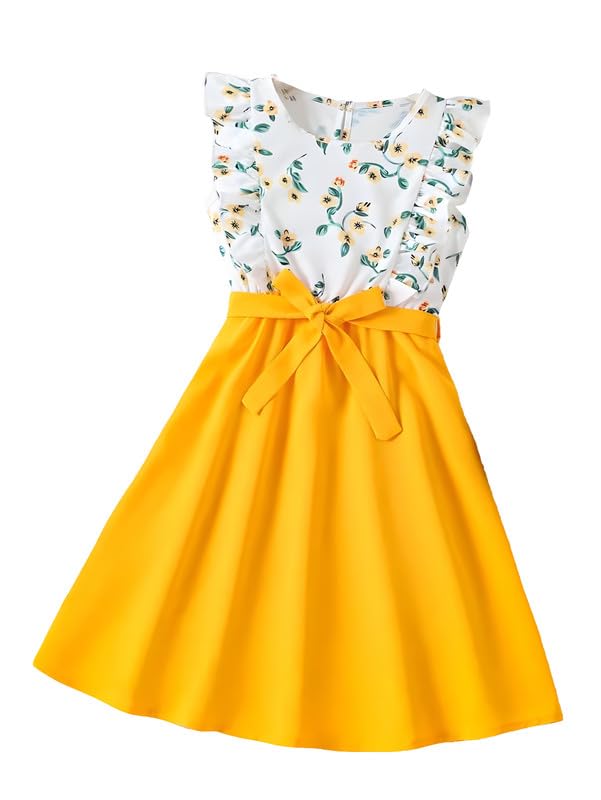 Image of Niren Enterprise Girl's Floral Pattern Rayon Frock Dress with Cap Sleeve Round Neck Knee Length and A-Line Pull On Closure Type