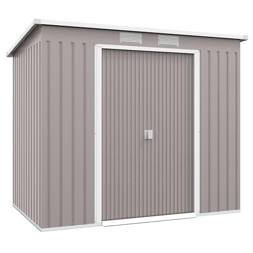 Outsunny Caseta de Jardín Exterior 2,42 m² 213x130x172 cm Cobertizo de Jardín Exterior con Puerta Corredera Techo Inclinado y 2 Ventanas para Terraza Patio Gris Claro