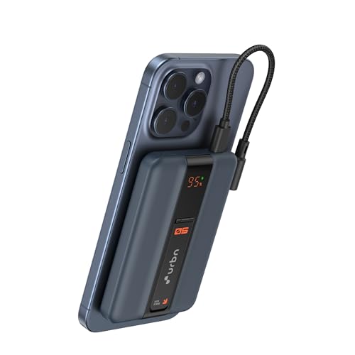 URBN One Premium Power Bank 5000mAh | 15W Fast Magnetic Wireless Charging | Built-in Detachable Type C Cable | Dual Port with Pass Through Charging (Midnight Blue)