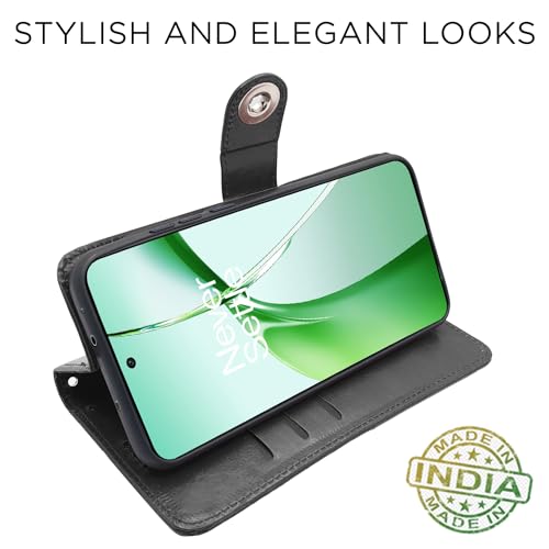 Image of Pikkme OnePlus Nord CE 4 5G Flip Cover Leather Finish | Inside TPU with Card Pockets | Wallet Stand and Shock Proof | Complete Protection Button Flip Case (Black)