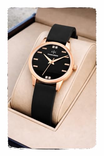 Image of CHARLIEKEEN Women's Elegant Watch with Rose Gold Case, Silicone Band, Crystal Accents, Analog Display