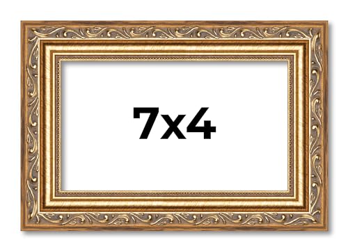 Poster Palooza 7x4 Inch Traditional Antique Gold Complete Wood Picture Frame with UV Acrylic Plexiglass, Foam Board Backing & Hardware Included - 7x4 Inch Frame