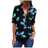 Caixunkun Lässige, langärmlige Damen-Bluse mit V-Ausschnitt, Bedruckt, mit Bündchen, Plissee und Reißverschluss Hemden 105 - Blue X-Large