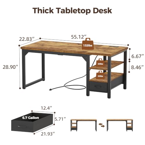 Image of Mericonia 54 inch Computer Desk with Drawer, 1.2 inch Thick Reversible Office Desk | Modern Writing Table with Power Outlets & Storage Shelves, Heavy Duty Industrial Executive Desk for Home Bedroom Study Work