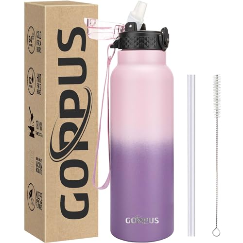 GOPPUS 750ml/26oz Stainless Water Bottle with Straw Double Wall Insulated Bottles with Strap Reusable Vacuum Thermal Flask Leakproof Keep Cold Drinks Bottles with Flip Top Lid for Men Women BPA Free