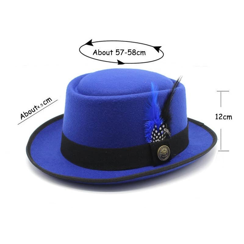 TAHALI RZL Chapeau Melon Chapeau Haut de Forme en Laine d'automne et d'hiver, Chapeau Haut de Forme Rond en Laine, Chapeau de Jazz for Homme avec Plume Noire et Bleue (Couleur : Bleu)