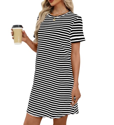 Bluetime Women\'s Summer Dresses 2025 Beach Casual Short Sleeve Striped Dress Loose Sundress with Pocket(Black Striped,X-Large)