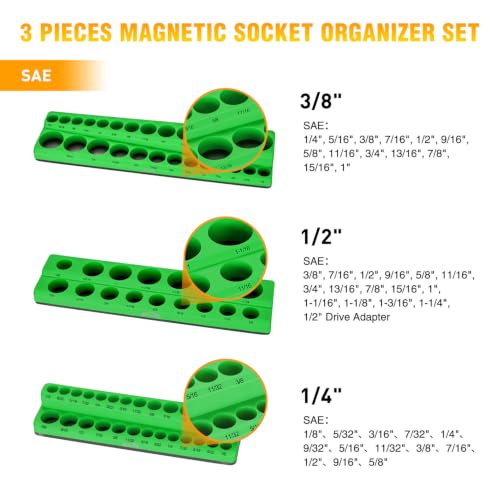 Image of GOOACC 3 PCS Magnetic Socket Organizer Set, Heavy Duty Socket Organizer Tray 1 /4 inch 3 /8 inch 1 /2 Inch SAE Impact Drive Sockets Holds 68, Magnetic Socket Holder for Tool Box Drawer Chest Garage Storage,Green