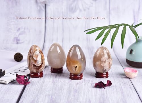 Image of AMOYSTONE Sakura Agate Egg 1.9-2.3 inch Mini Pocket Stone with Wood Stand for Spiritual Growth - Natural Flower Inclusion Specimen, Pocket Gift for Collectors 3.9oz