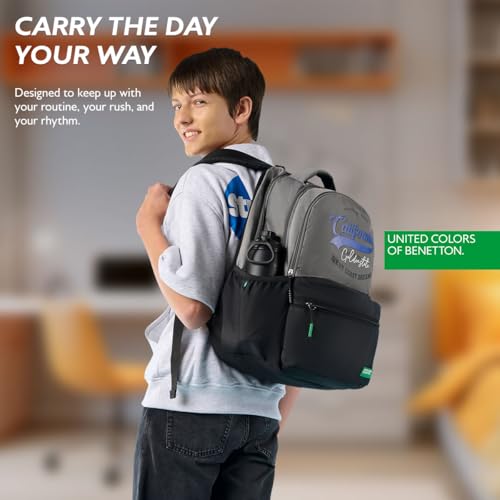 Image of United Colors of Benetton Unisex High-School Backpack CALAFIA | 3-Compartment Organised Daypack with Airmesh Padding | Backpack for School Girls & Boys | 26L Capacity
