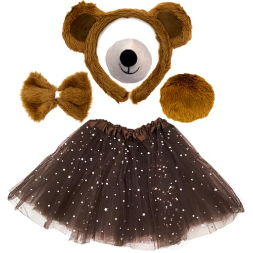 Yxtwaeh 5 Pieces Bear Costume Accessories Set Bear Ears Headband Nose Bow Tie Tail Tutu Skirt for Women Halloween Carnival Animal Cosplay Brown