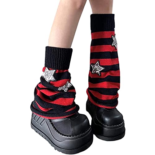 Mieeyali Women's Cable Knit Leg Warmers Knitted Long Socks Leg Warmer Goth Crochet Boot Socks(Zd-Stripe Star Black Red,One Size) #TOP6