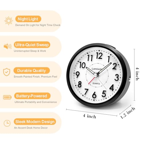 Image of Lamisola 4 Inch Alarm Clock for Bedrooms, Small Analog Desk Clock, Black | Battery Operated Bedside Clock for Bedroom Bathroom Home Nightstand Shelf, Night Light Snooze, Minimalist Clocks for Seniors