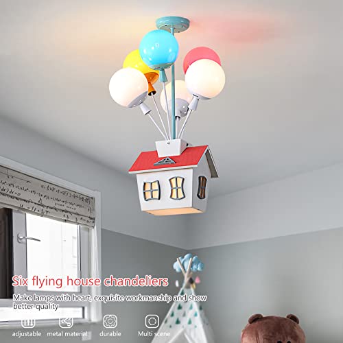 PSXPSXO Kids House Shape Ceiling Light Colorful Balloon Wood Chandelier Cartoon House Shape with Acrylic lampshade Sputnik Ceiling Light for Girls Boys Kid's Bedroom (D16.5*H22.8IN (6 Light)) by PSXPSXO - Used condition - Image 2