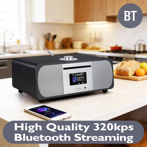 Image of LEMEGA M6P CD Player, FM, Bluetooth, Powerful HiFi, Subwoofer, Black | 2.8in colour display, 40 presets, remote control, wooden cabinet, headphone jack, internal subwoofer, EQ modes, remote
