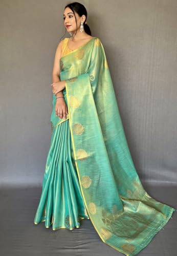 Image of SWORNOF Gold-Toned Woven Design Silk Zari Tissue Saree | Saree for Women | Soft and Skin Friendly