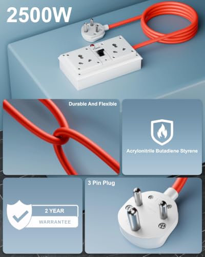 Image of FEDUS 16amp 3000 Watts 1 Meter Cable Heavy Duty High Load Capacity Electric Power Extension Switch Board Cord with 2 Socket 2 Switches,for Oven,EV Charger Charging,Iron Press,Induction Stove,AC