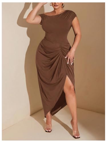 Image of Floerns Women's Plus Size Asymmetrical Neck Long Dress Ruched Slit Hem Cocktail Dress