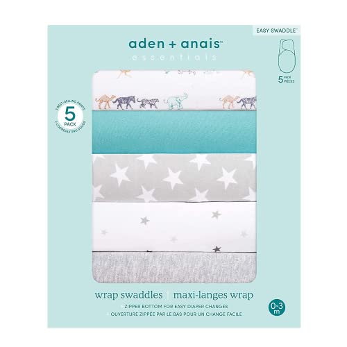Image of aden + anais Essentials Easy Swaddle Wrap Quick Change with Bottom Zipper, Snug Cotton Knit Baby Wrap Swaddle Blanket for Newborns, TOG 1.0, 5 Pack, Starlit, 0-3 Months, Small /Medium