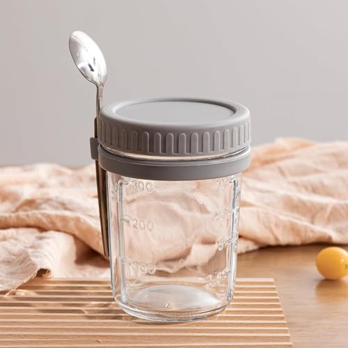 Image of PATZY 350 ml Oats Container With Lids And Spoon set of pc Glass Mason Jars For Overnight Oats Leak Proof Container with Measurment For Cereal Fruit Vegetable Milk Salad Yogurt (Multicolor) (6)