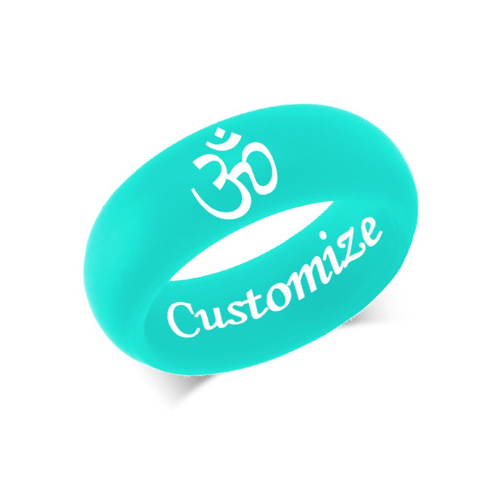 Customize Om Symbol Yoga Silicone Rings for Women & Men - Engraved Meditation Jewelry with Ohm Mantra, Light Blue Ring Rubber Wedding Band for Yoga Practice & Spiritual Gifts,Size 6-12