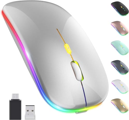 Image of LED Wireless + Bluetooth Mouse, Slim Silent 2.4G Portable Mobile Optical Office Mouse with USB & Type-c Receiver, 3 Adjustable DPI Levels for Notebook, PC, Laptop, Computer (Silver)