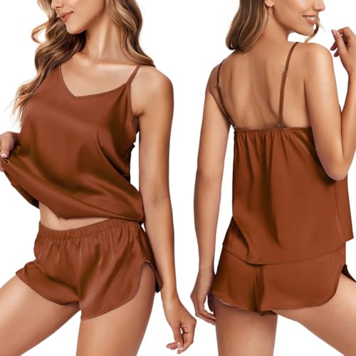 Image of Ekouaer Silk Pajamas for Women Satin Cami V Neck Camisole Shorts Pjs Set | Adjustable Strap Sleepwear Lingerie Sets for Women for Wedding, Party, Home, Daily Wear, Honeymoon