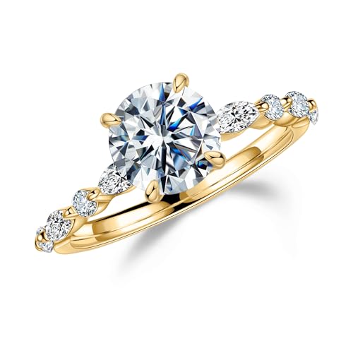 MOOSEA Round Moissanite Rings for Women, 1-3ct D Color VVS1 Clarity Lab Created Ring 925 Sterling Silver Marquise and Round Side Stone Moissanite Engagement Rings for Women Jewelry Gifts for Her