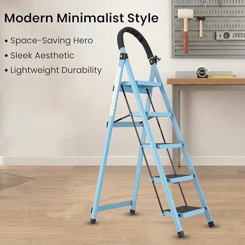 Image of Teal Blue 5 Step Ladder for Home Use with Built-in Tool Tray | Heavy Duty D Shape Rods | Ultra Large Platform | Wide Rubber Feet | 150Kg Capacity Foldable Ladder - 7 Years Warranty