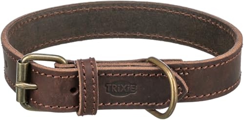 Trixie Rustic Halsband Leder Größe S–M: Halsumfang 34–40 cm/25 mm in Dunkelbraun - genähtes Lederhalsband für kleine bis mittelgroße Hunde, in klassischem Design, schonendes Anleinen, 19005