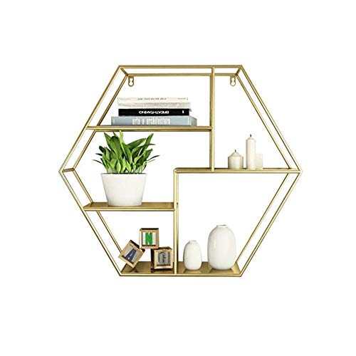 Juego de estantes de pared hexagonales de estilo nórdico moderno para sala de estar, dormitorio, baño, estantes de exhibición de hierro forjado en color dorado, solución de almacenamiento decorativa